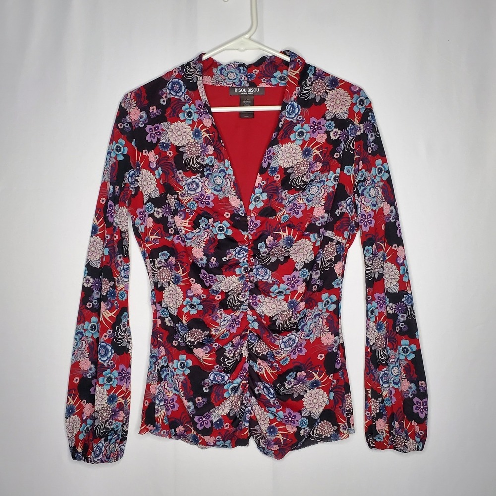 Vtg Y2K Bisou Empire Top Women Large‎ Mesh Ruched Romantic Grunge Fairy Feminine